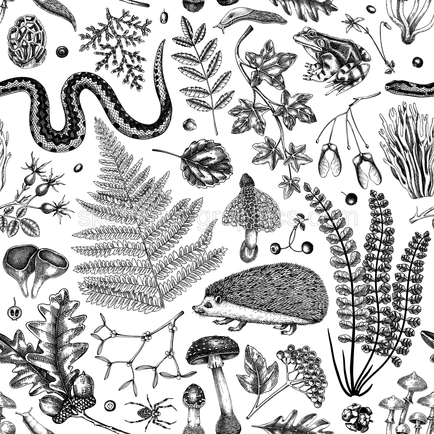 Vector seamless pattern with woodland animals, fern leaf, mushrooms, fall leaves and autumn plant sketch. Monochrome botanical repeating texture. Hand drawn autumn forest background  Illustration